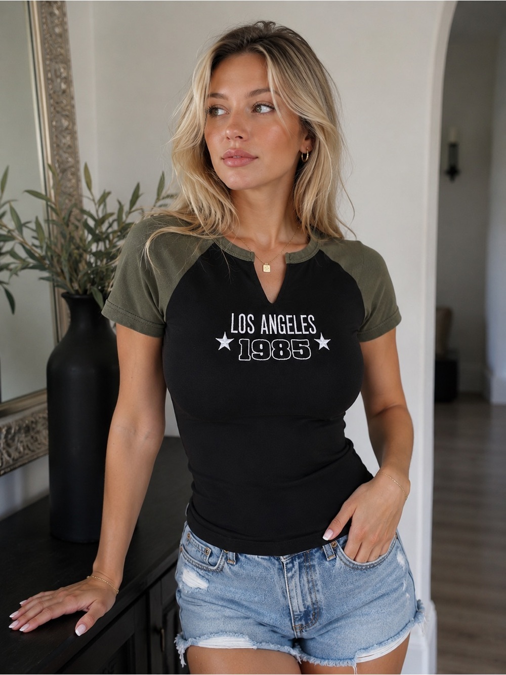 Rue21 Black Tee with Olive Raglan Sleeves - Los Angeles 1985 Graphic